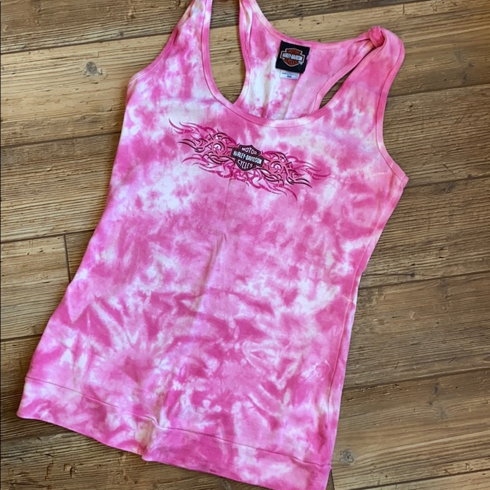 H-D ladies tank top, pink n white variation, sz SM